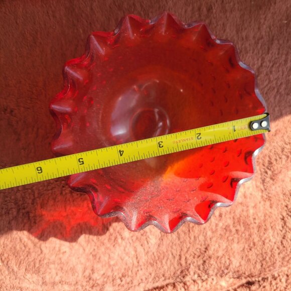 Vintage Fenton Red Glass Hobnail Footed Bowl With Ruffled Edge - Picture 6 of 6